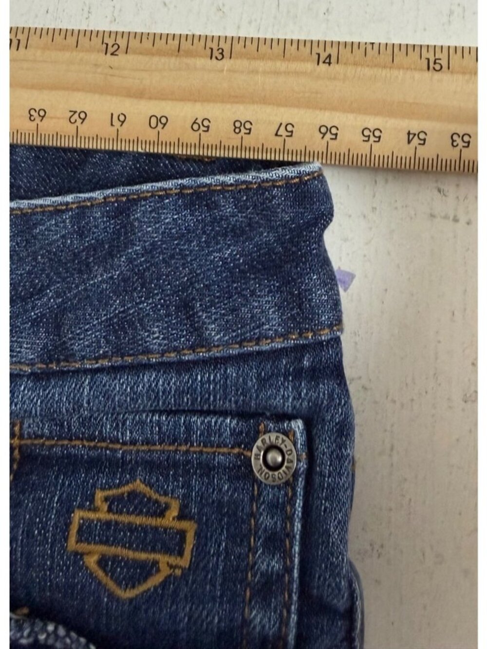 Harley Davidson Blue Denim Bootcut Stretch Jeans Womens Size Petite 2 - Picture 10 of 12